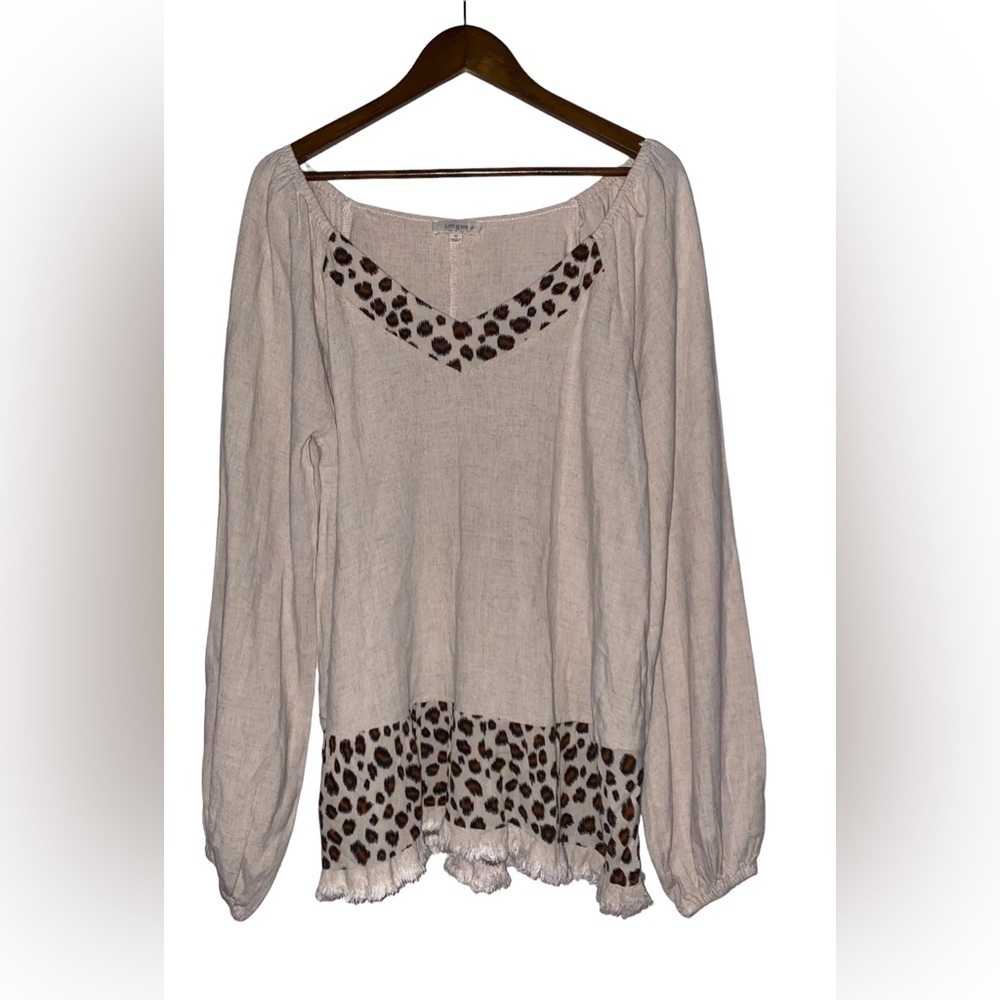 Umgee Classic Fit Scoop Neck Linen Blouse Women XL Boho Fringe Hem Linen Blend